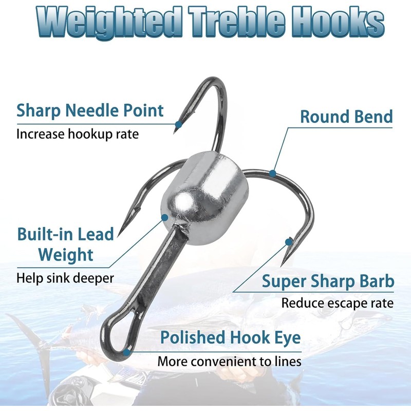 8pcs Snagging Hooks Snagging Weighted Treble Hooks Strong Large Fishing