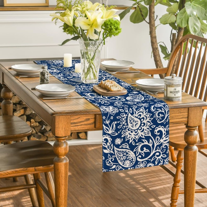 Artoid Mode Blue Floral Paisley Table Runner, Seasonal Spring Kitchen