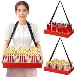 yeesport 2 Pcs Wooden Snack Trays with Straps, Handheld Serving Trays with Adjustable Shoulder Straps, Movie Popcorn Beverage Carriers, Vintage Red Drinking Holders for Parties and Picnics
