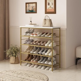 SUOERNUO Shoe Rack Organizer 5 Tier for Closet Entryway Free Standing Metal Storage Shoe Shelf with MDF Top Board，Gold