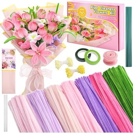 791 Pcs Pipe Cleaners Craft Flowers Kit,400 Pcs 7 Colors 8mm Fuzzy Pipe Cleaners Bulk (Tulips/ Lilies), Chenille Stems for DIY Flower Making Kit Crafts, Floral Stems & Tape, 360 Pcs Stamen & Ribbon