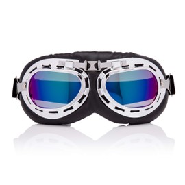 Ultra Silver and Blue Mirrored Lenses Vintage Classic Motorcycle Helmet Steampunk Retro Cyber Pilot Flying Goggles WW2 Battle of Britain Cosplay Eyewear Steampunk Goggles RAF Fancy Dress Cyber Glasses