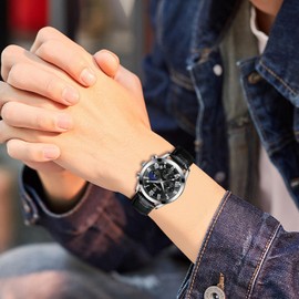 Silverora Watches Men's Chronograph Date: 6ATM Waterproof Three Eyes Analogue Quartz Men's Watches Multifunctional Luminous Calendar Wrist Watches with Genuine Leather Gifts for Men, silver black,