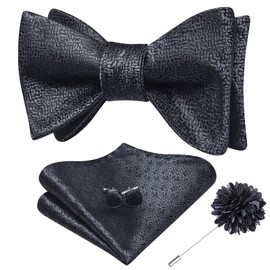 Hi-Tie Silk Black Bowties Sets Selftied Bow Tie Lapel Pin Set Formal Bow Ties Pocket Square Cufflinks Sets for Wedding Tuxedo