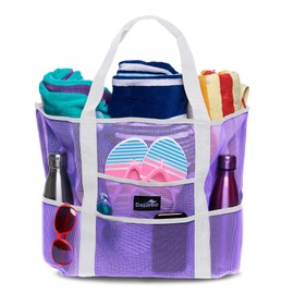 Dejaroo - Sand Free Mesh Bag - Strong Lightweight Tote For Beach & Vacation Essentials. Tons of Storage with 8 Pockets, Foldable, 17x9x15 inches, Pastel Purple with White Straps