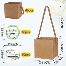 ENYOUNG 60pcs Succulent Wrap Bags with 60pcs Thank You & 60pcs Let Love Grow Stickers, Kraft Paper Gift Box for 2.5 Inch Pots Wedding, Baby Shower, Succulent Party Favors for Guests