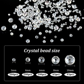 910 Pieces Glass Beads, Beads for Threading, Faceted Glass Beads, Transparent Glass Beads for Crafts, Adults, Jewellery Making, DIY Necklaces, Bracelets (3/4/6/8/10 mm, AB Colour)