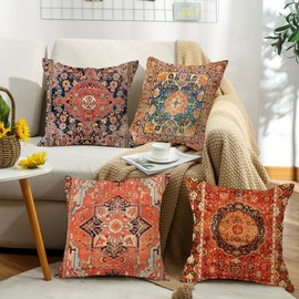 Hykiee Cushion Covers Exotic Red 45x45cm Set of 4, Decorative Square Soft Throw Pillow Cases, Double-sides Printed Bohemian Cushion Protectors for Living Room Sofa Bedroom Outdoor Garden Furniture 18"