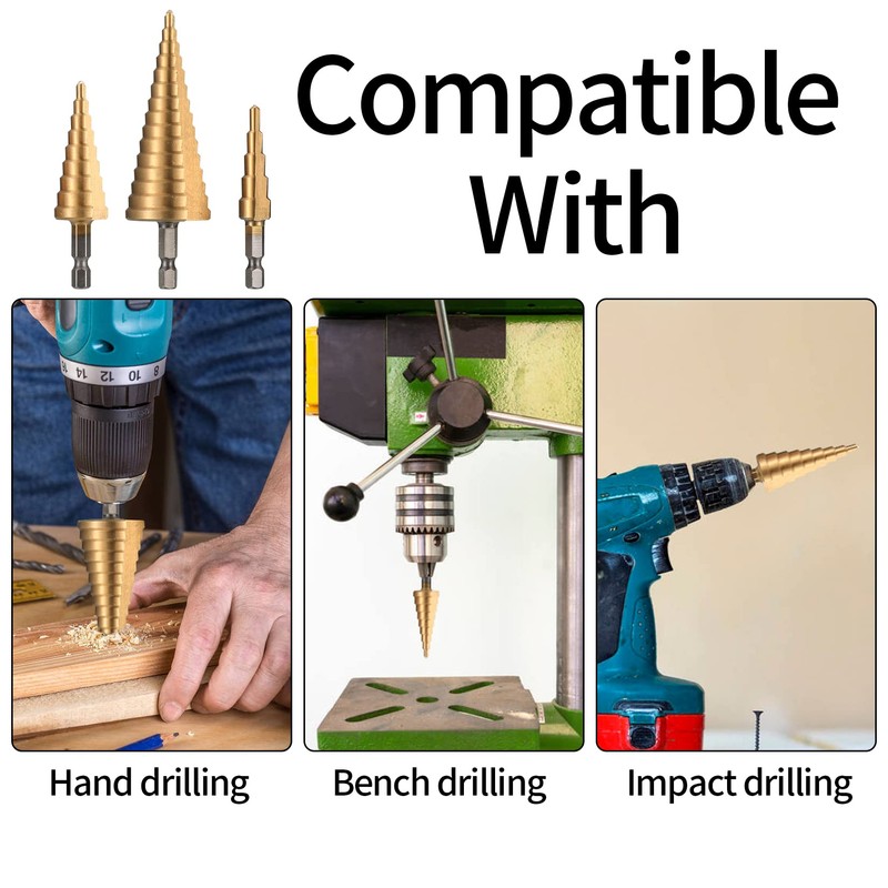 3 Pcs HSS Step Drill Bit Set, 4mm-12/20/32mm High Speed