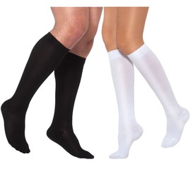 Healthweir Cotton Compression Knee High Socks for Men & Women 15-20 (EU 18-22) mmHg - Medical Support Stockings Black & White for Varicose Veins Maternity Nursing Flight Travel (2, Black)