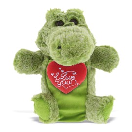 DolliBu I Love You Valentine Plush Alligator Hand Puppet - Cute Stuffed Animal with Red Heart and Name Personalization Gift for Valentines Day, Birthday, Anniversary, Romantic Date - 9 Inches