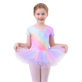 MdnMd Short Sleeve Glitter Dance Ballet Tutu Skirt Leotard Ballerina Outfit Costume for Girls Kids (Rainbow-Star, 6-8 Years)