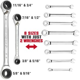 CROM 4-in-1 Reversible Ratcheting Wrench Set - 2 Piece, SAE, Double Box End Ratcheting Speed Wrench Set, 5/16”, 3/8”, 7/16”, 1/2", 9/16”, 5/8”, 11/16”, 3/4”, CR-V Steel, Mirror Polished (SAE 2 Piece)