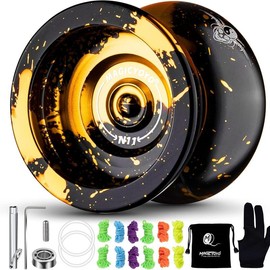 MAGICYOYO Dual Purpose Yoyo- Responsive Yoyo N11 & Unresponsive Yoyo Alloy YoYo with Yoyo Glove + Bag + Unresponsive Bearing Kit + 12 Yoyo Strings - Color: Black Golden Acid