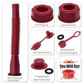 MEAJOO Red Gas Can Spout Replacement, 1/2/5/10 Gallon Gas Can Nozzle Kit, include 2 Different Size Screw Collar Caps, Gas Can Vent Caps, Base Caps, Thick Rubber pad and Spout Cover