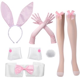 Floraltop Women's Bunny Costume Set Rabbit Ear Headband Bowtie Cuff Bunny Tail Stocking Cosplay Accessories for Easter Party (Pink)