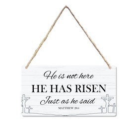 CGBHW He Is Risen Christian Easter Wooden Hanger Sign, Easter Religious Cross Spring Decorations Hanging Sign Wall Decor, Jesus Hanger for Farmhouse Home Easter Party Indoor Door Decor 12 x 6 Inch