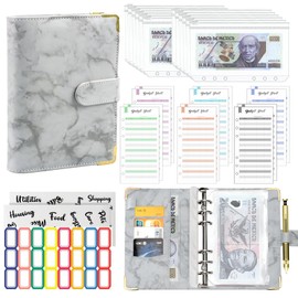 Organizador de Dinero A6, Organigastos Tipo Carpeta Cuero con 12 Sobres Transparentes con Cierre, 12 Hojas de Planificador de Presupuesto de Finanzas, Libreta de Ahorro y Gastos con 3 Pegatinas, Gris