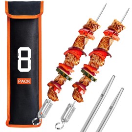 ESOW Metal BBQ Skewers for Grilling-16.83" Long Flat Kebab Skewers with Push Bar- Shish Kabob Skewers -Stainless Steel 304 Skewer Sticks for Camping - Wide Reusable Skewers – Set of 8 with Bag