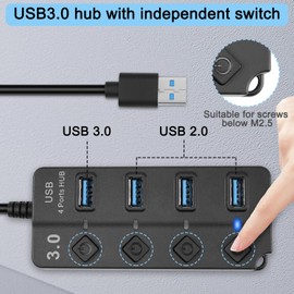 HATMINI 1FT 4-Port USB 3.0 Expander Hub, USB 3.0 Fast Data Hub with Individual LED On/Off Switches, Portable USB Port Extender for Laptops, USB Flash Drives and More (1FT)