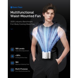 SP Space Player Portable Waist Fan with Lighting, 100 Speeds 13000RPM Clip on Fan for Shirt, 360° Angle Adjustment Tilt LED Display Rechargeable Personal Belt Fans for Travel and Camping-White