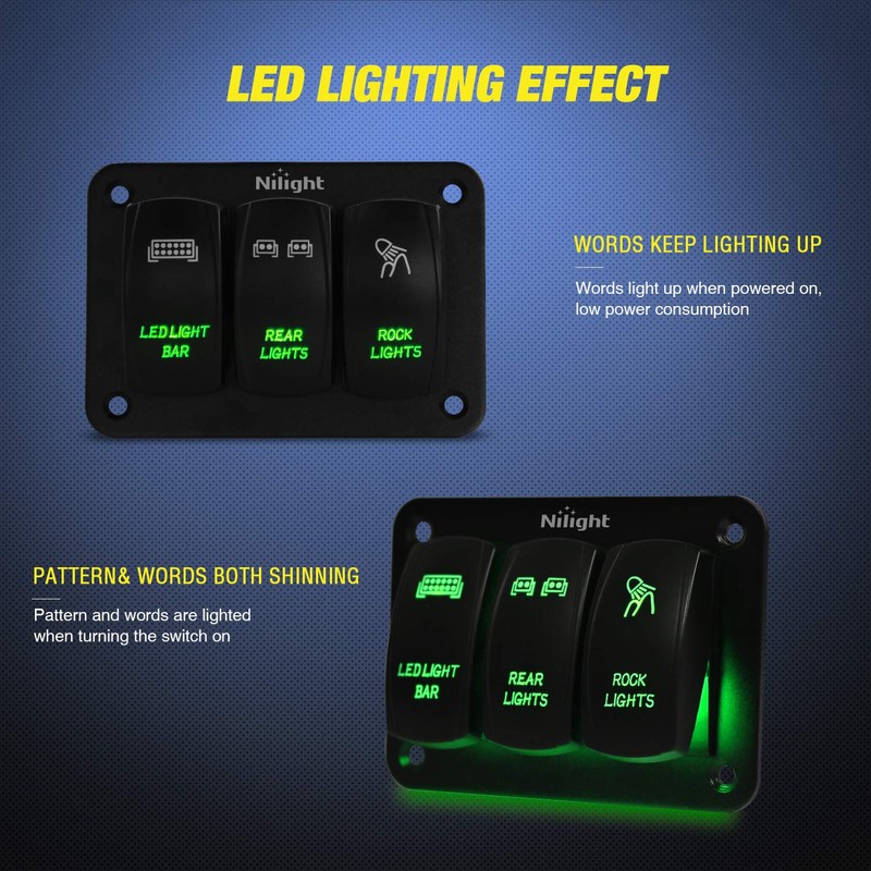 Nilight 3 Gang Rocker Switch Panel Aluminum 5 Pin ON