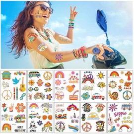 Hippie Temporary Tattoos - 70s Waterproof Love Peace Flower Power Smiley Rainbow Stickers for Birthday Parties and Festivals