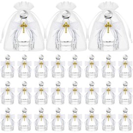 Newtay Holy Water Bottles Catholic Bulk Glass Baptism Favors for Guests Christian Water Container with Cross Organza Bags Bow for Holy Communion Gifts Church Wedding Baptism (White,24 Set)