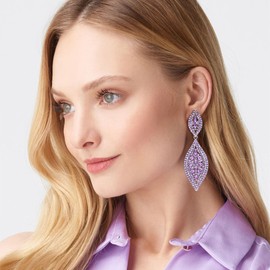 Flyonce Wedding Bridal Earrings for Women's Jewerly Rhinestone Crystal Charm 2 Leaf Drop Clip On Dangle Purple Silver-Tone