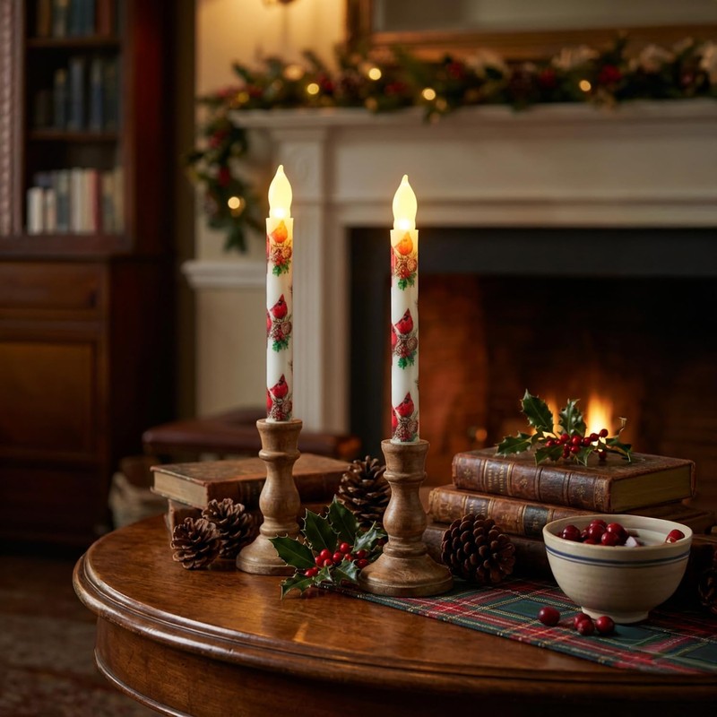 Aulaygo 2PCS Woodland Winter Cardial Flameless Taper Candles