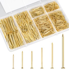 KURUI Hardware Nails for Hanging Pictures Assorted Kit,700pc Gold Picture Hanging Nails for Wall Drywall Wood,6 Sizes Small Finish Nails Assortment Kit,640 Frame Nails and 60 Brass Finishing Nails