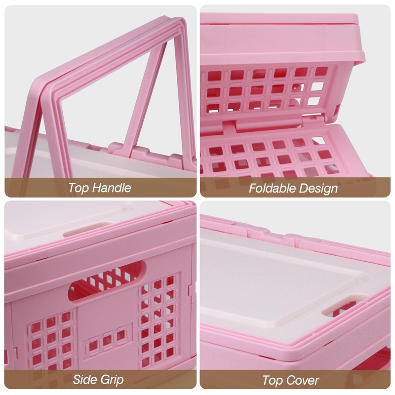 Collapsible Storage Crate, Foldable Plastic Basket with Lid and Handle,