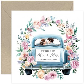 Colourful Wedding Day Card for Couple - Bride and Groom, Husband and Wife, Mr and Mrs - Beautiful Modern Congratulations Gifts for Him and Her - Blue Wedding Car with Floral Wreath - Blank Inside