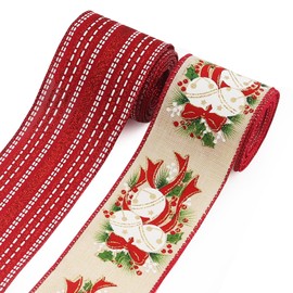 Habbiful 2 Rolls 2.5''x 10 Yards Christmas Wired Ribbons for Crafts Wreath Bows Gift Wrapping Red Jingle Bell Burlap Ribbons Merry Xmas Ribbons for Christmas Party Home Decoration