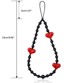 ShunShih Phone Charm with Love Heart Beaded, Universal Phone Strap, Handmade phone charms strap for Women Girls, Red Heart-Black