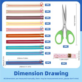 Glarks 12pcs 25cm/9.84in Nylon Resin Zipper with Lifting Ring Pull Set, 10 Colors Coil Zipper Close End with Zinc Alloy Ring Puller and Scissors, Soft Tape Measure Kit Sewing Zipper for Sewing Craft