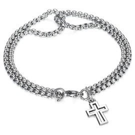 StyleJella Double Strand Rolo Chain Bracelet with Cross Charm Stainless Steel Cross Dangle Pendant Cable Chain Link Bracelet for Men Women