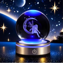 Fairy Moon Crystal Ball with LED Light Stand, 80mm 3D Laser Engraved Fairy Decor Glass Spere Paperweight, Crystal Fairy Figurine Gift for Women Kids Girlfriend Birthday