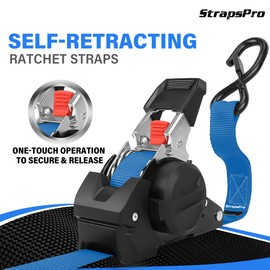 Retractable Ratchet Straps, 1763lb Break Strength Blue Self Retracting Ratchet Straps Heavy Duty with Soft Loops, 1'' x 10FT Auto Tie Down Straps Easy Retract for Motorcycle, Truck, Cargo, 4 Pack