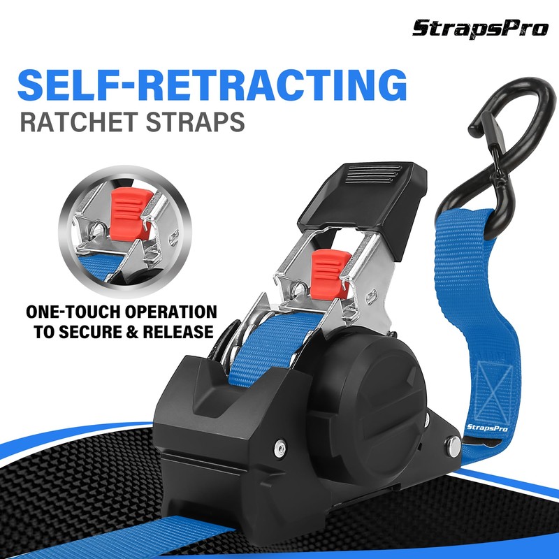 Retractable Ratchet Straps, 1763lb Break Strength Blue Self Retracting Ratchet