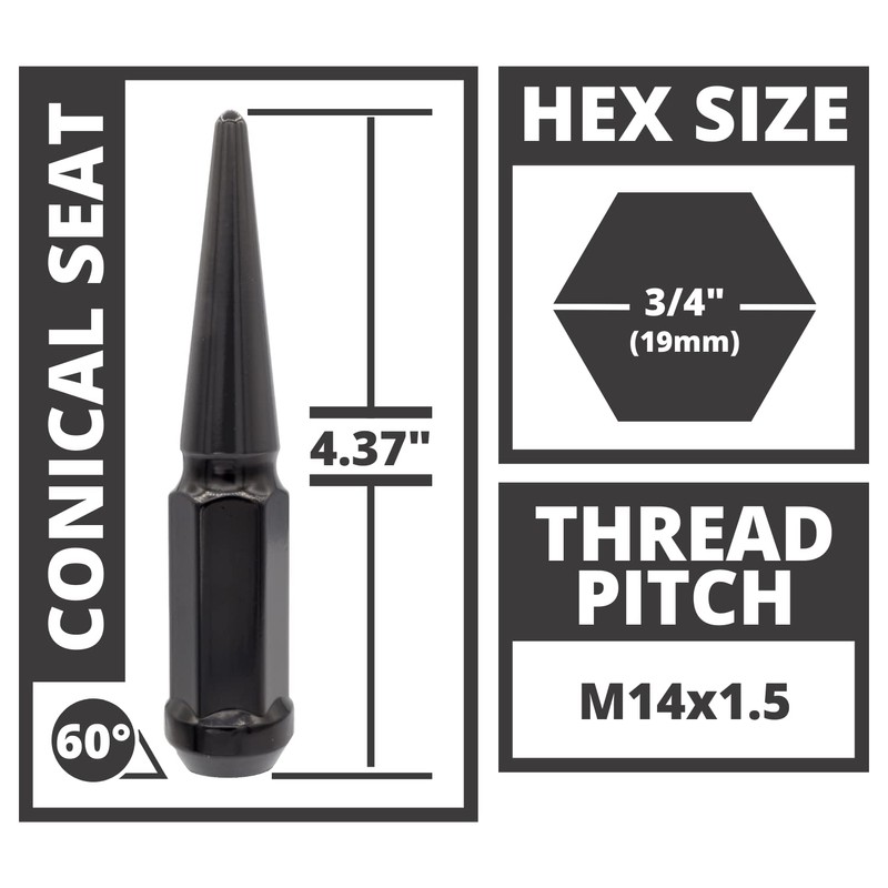 14X1.5 Spike Lug Nuts 3/4" Hex 4.37" 8 Lug Install
