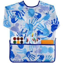 BOUBONI Kids Art Smock Toddler for Girls Boys ages 3-8 with Long Sleeve and 3 Pockets for Painting Activity Kitchen Crafts(Palm-Blue)