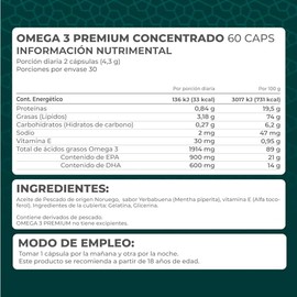 PRONAT | Omega 3 Premium Concentrado, Suplemento Alimenticio, 60 Cápsulas con 900 mg de EPA, 600 mg de DHA y Vitamina E