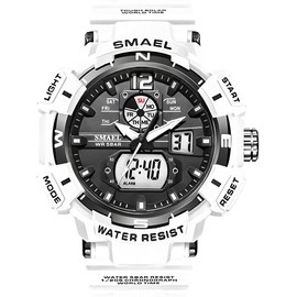Gosasa Men's Digital Analog Watches Military Sports Outdoor Waterproof Wrist Watch Multi-Function Tactics LED Date Alarm Watches (Large, White)