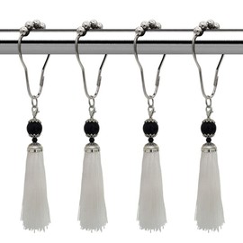 Tassel Shower Curtain Hooks for Boho Bathroom Decor - Rust Proof Curtain Rings - Stainless Steels Metal Shower Hook with Tassel Set of 12 for Decorative Shower Rod Bathroom Hardware (White)