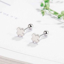 Aloluo 20G Tiny Four Leaf Clover Stud Earrings for Women Silver Plated Hypoallergenic Cute Small Ball Screw Back Studs Cartilage Tragus Post Dainty Minimalist Birthday Party Jewelry Gifts