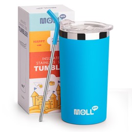 Mollcity - Vaso para niños con tapa y popote, de acero inoxidable de 12 onzas con aislamiento al aspiradora (azul cielo)