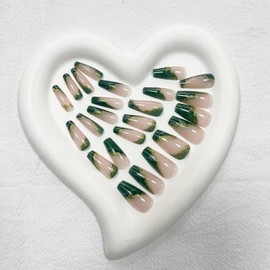 Green Press on Nails Medium Square Fake Nails Marble False Nails with Design Gold Foil Glossy Glitter Stick on Nails Coffin Acrylic Nails Full Cover Glue on Nails French tip Nails for Women Manicure…