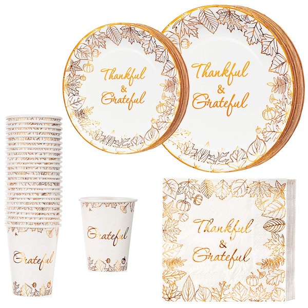 Crisky 24 Guests 96 Pcs Thanksgiving Disposable Napkins Plates Cups Set for Autumn Thanksgiving Dinner Party Decorations, Thankful and Grateful in Orange Foil