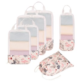 Narwey 6 Set Compression Packing Cubes for Backpack and Suitcases, Travel Organiser Packing Bags for Carry on Hand Luggage (Beige Flamingo)